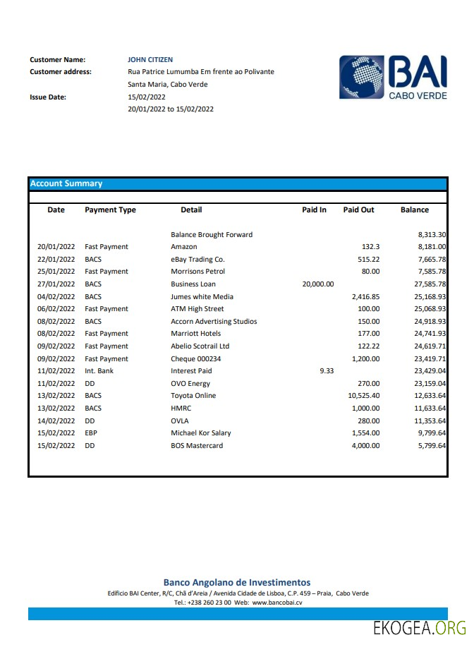 Relevé bancaire de la Banco Africano de Investimentos du Cap Vert